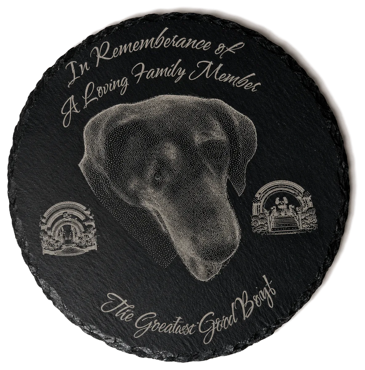 Round engraved slate memorial featuring a dog portrait and remembrance text